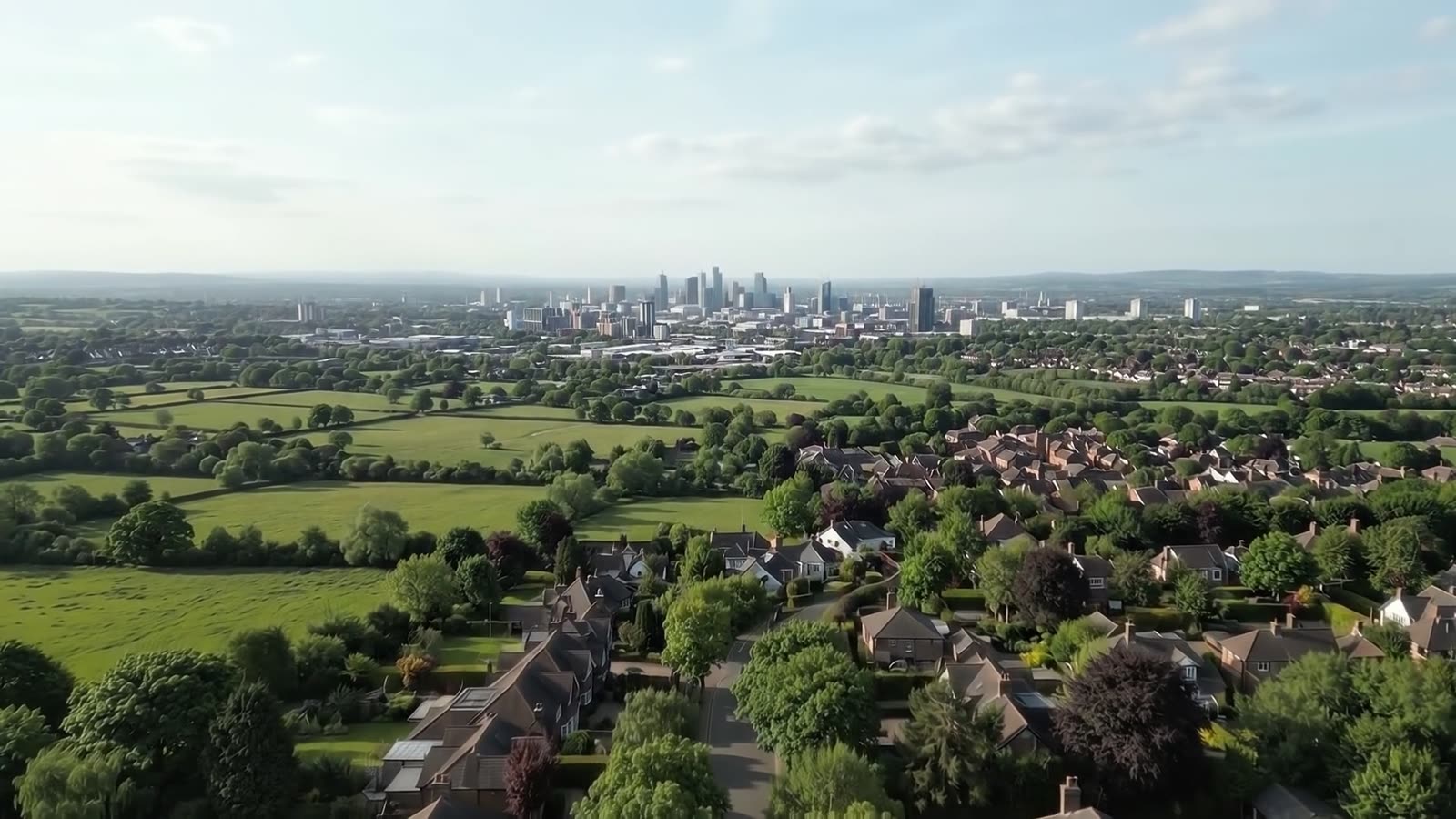 Manchester skyline seen across South Manchester rooftops and fields